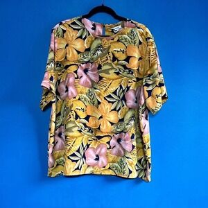 Vintage Tropical Print Blouse Women's Plus Size 1X Caviar‎ Yellow Floral Retro